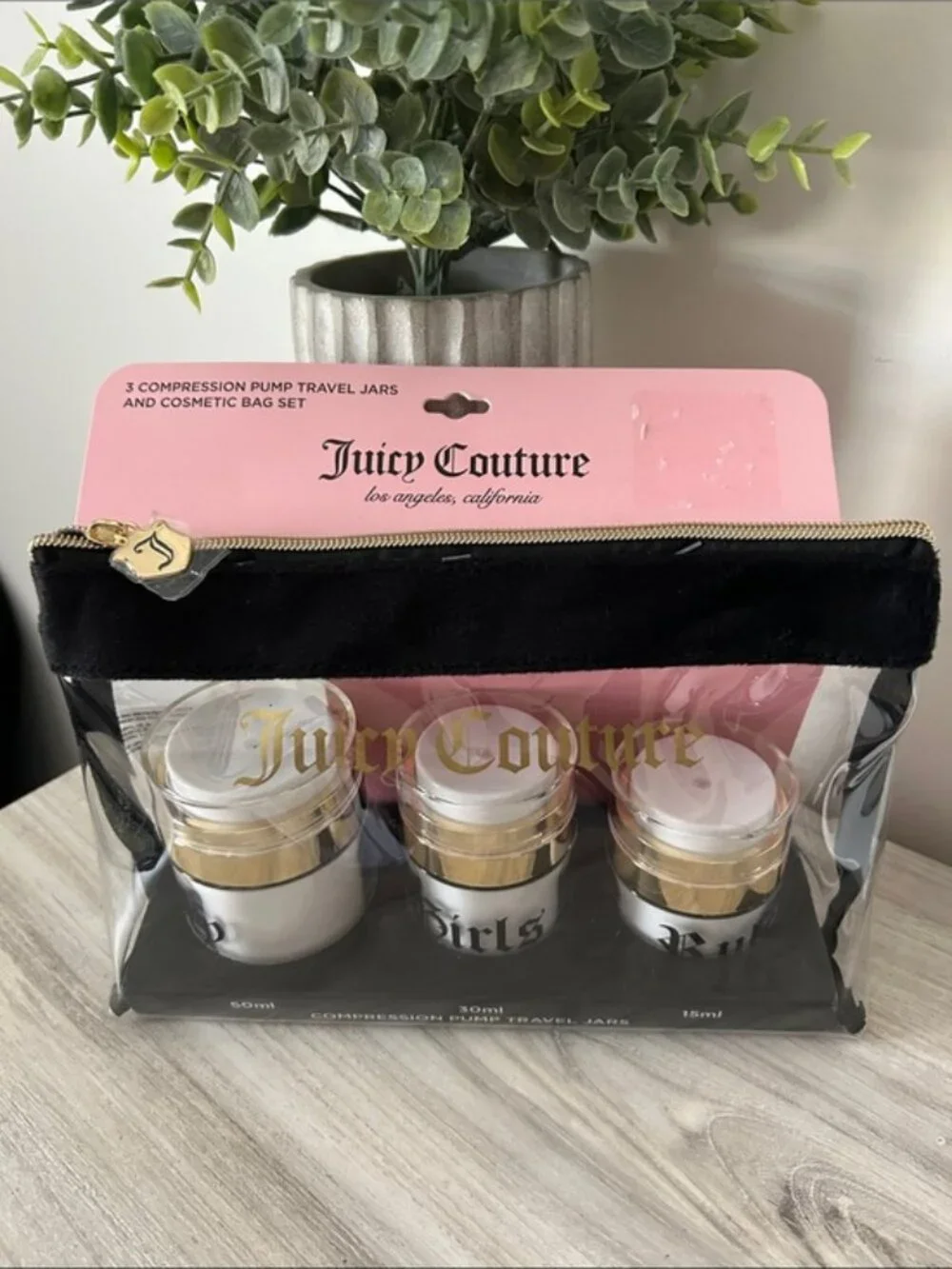 Juicy Couture 3-Piece Compression Pump Travel Jar and Cosmetic Bag Set NWT
